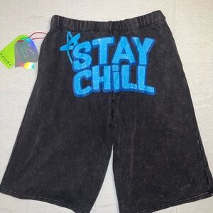 Stay Chill Rhinestone Graphic Shorts Acid Wash Black Baggy Streetwear Y2K Skate